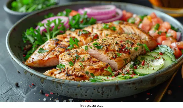 Grilled salmon with fresh vegetable salad