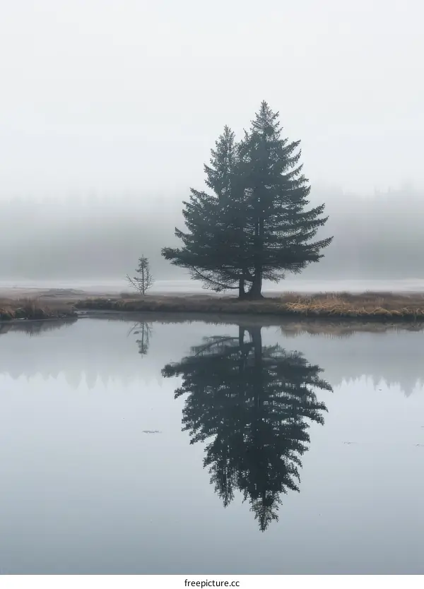 solitary trees stand in a foggy lake