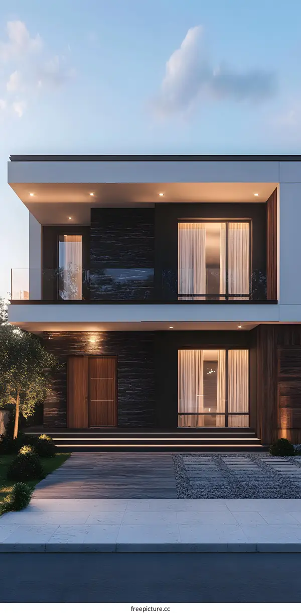 Modern House Exterior Design with Wooden Doors and Stone Walls