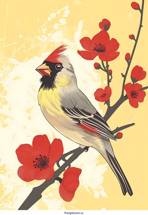 Red Cardinal Bird Sitting On Branch With Red Blossoms