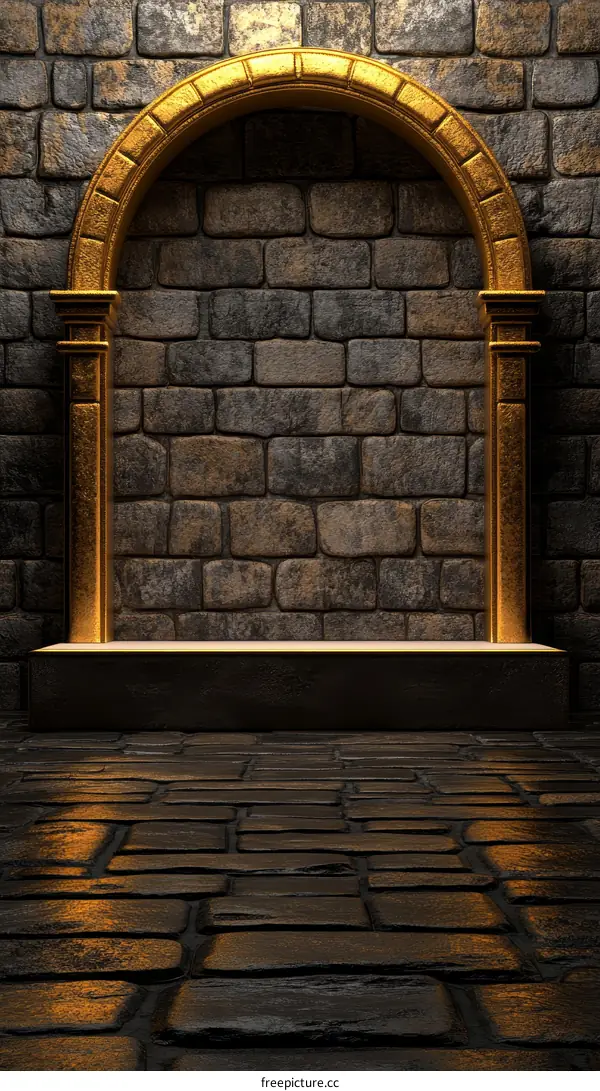 Golden Archway in Stone Wall Background