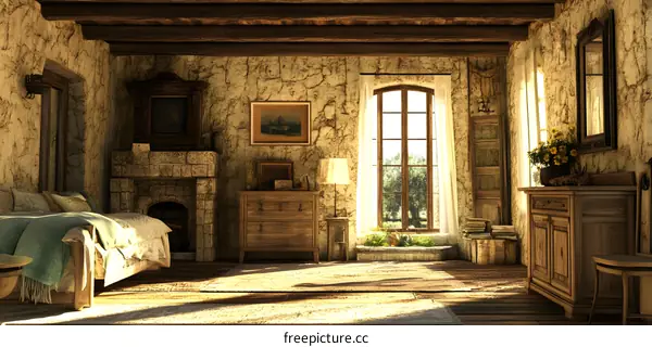 Rustic Bedroom Interior with Fireplace and Window