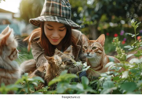 A young woman is petting two cats in a garden.