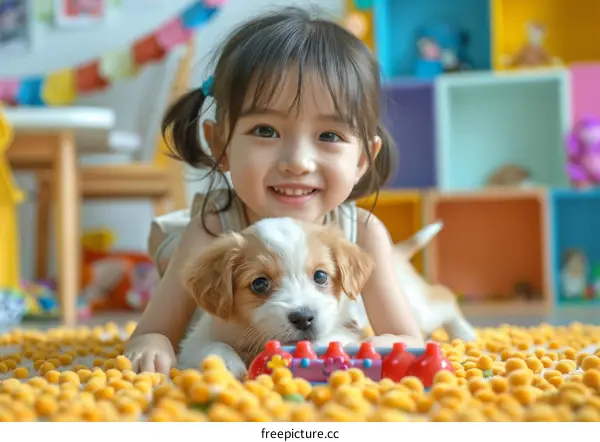 Little girl playing with a puppy