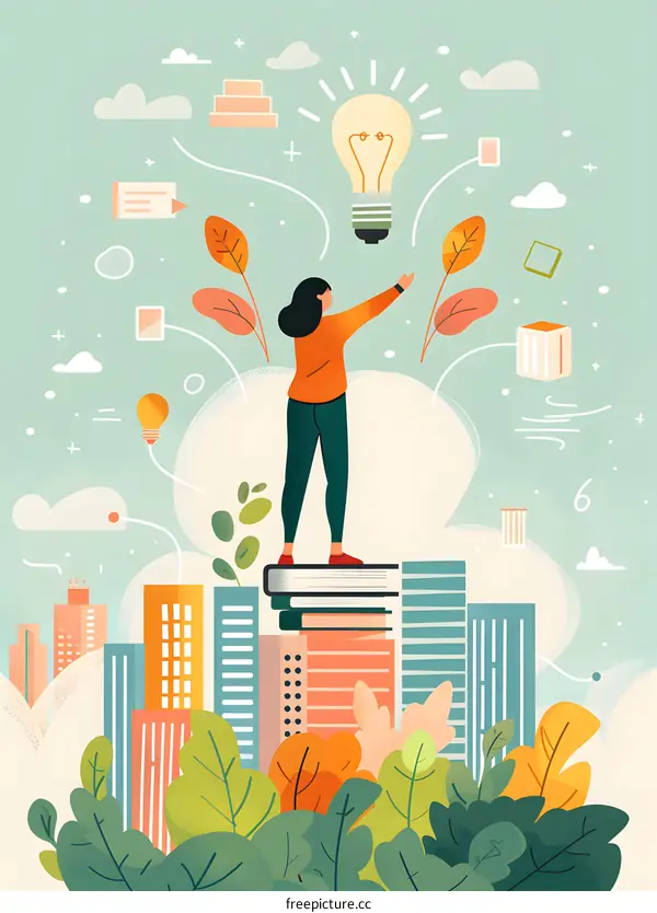 Woman Standing on Stack of Books Reaching for Light Bulb