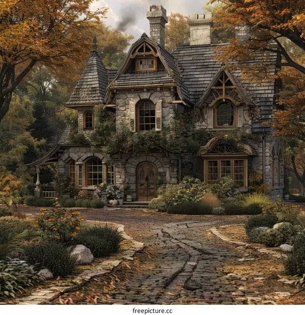 Enchanted Stone Cottage in Autumn Woods