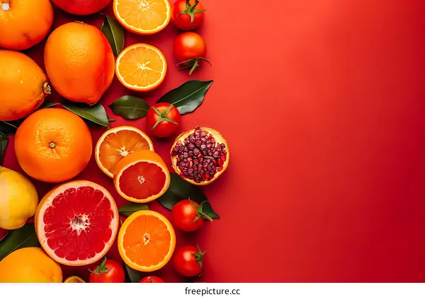 Fresh Fruit and Tomatoes on Red Background