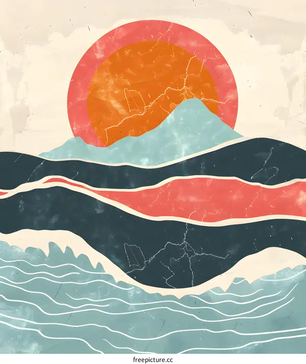 Abstract Minimalist Landscape with Sunset and Mountains