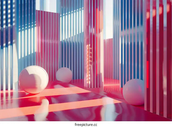 Abstract Pink Blue Striped Room with White Spheres