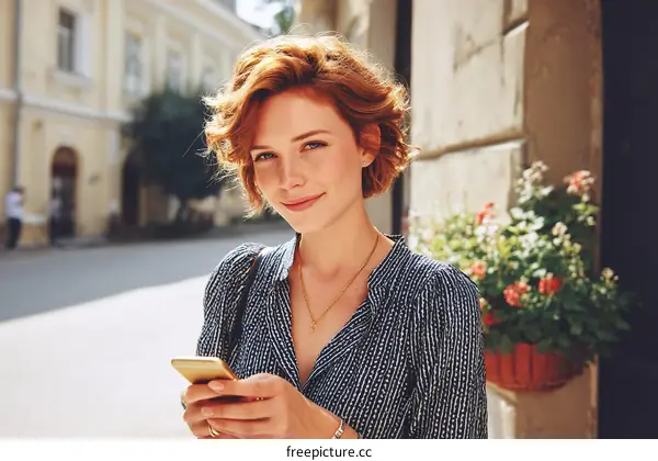 European Woman Outdoors Using Smartphone