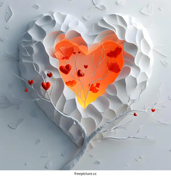 3D illustration of a heart-shaped cave with a tree inside