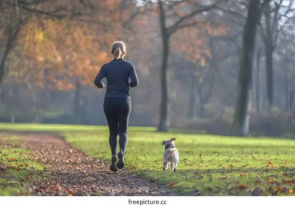 Woman Jogging with Dog in Autumn Park