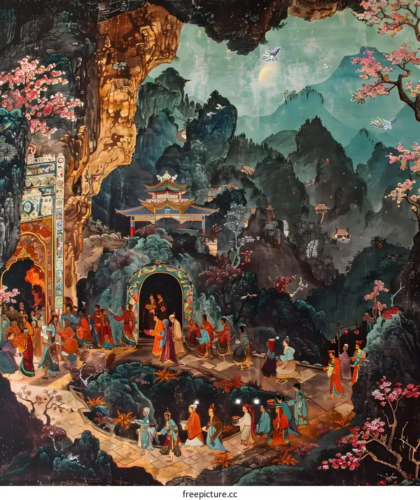 Ancient Chinese Painting of People Walking in Mountain Landscape