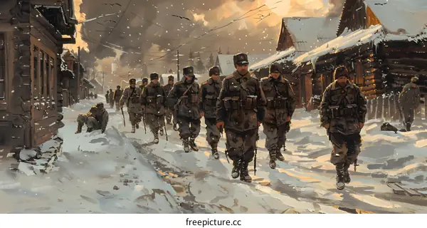 A group of soldiers marching through a snowy village