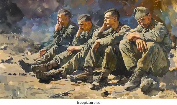 Four soldiers sitting on the ruins of war