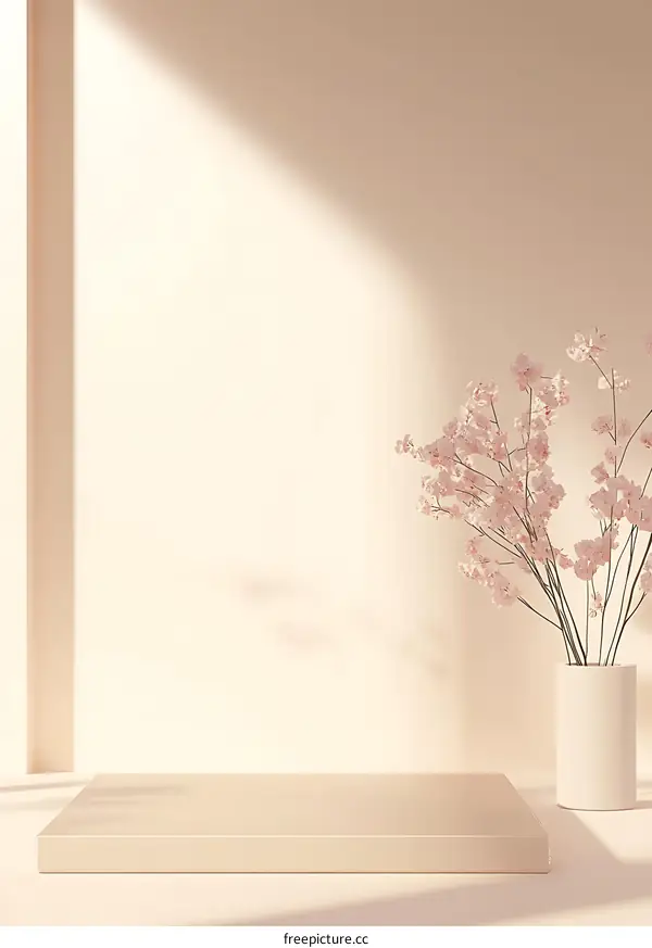Minimalist Peach Colored Background With Flowers and Platform