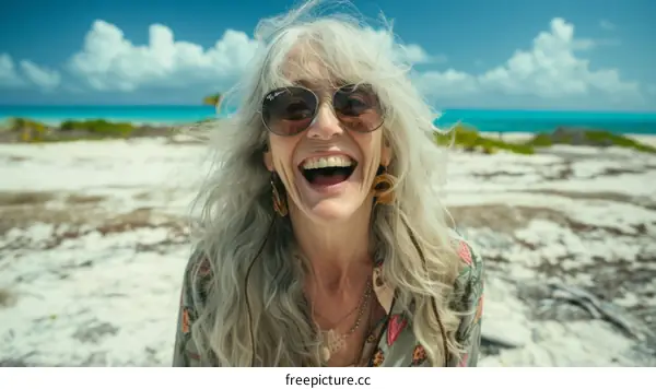 Portrait of a laughing woman with long white hair wearing sunglasses and a floral shirt standing on a beach