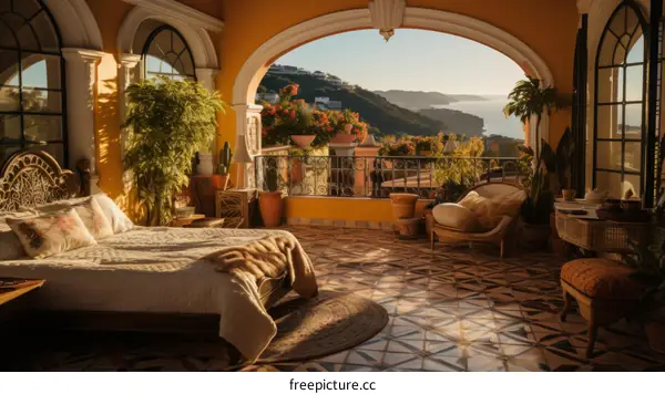 Elegant bedroom with a view of the Mediterranean Sea
