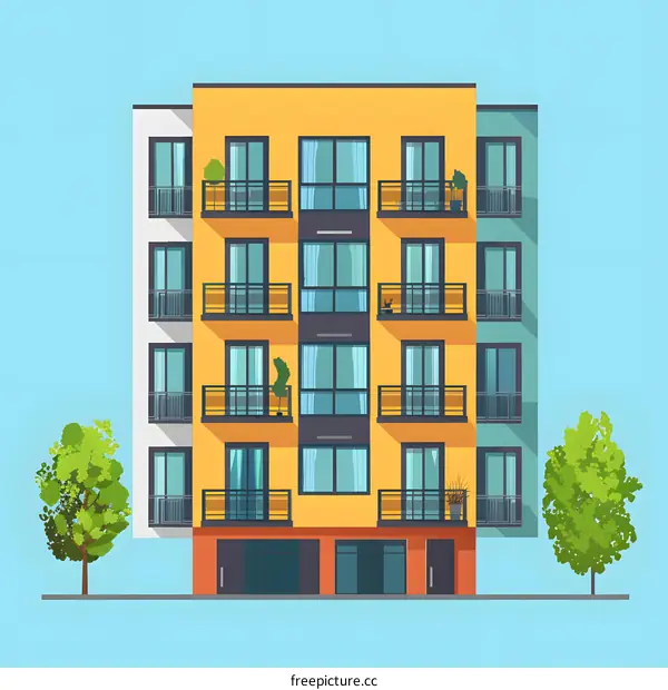 Modern Apartment Building With Balconies And Trees