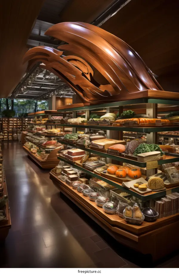 Modern Grocery Store Interior with Curved Wooden Shelves