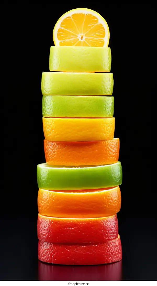 Still life photography of citrus slices stacked vertically