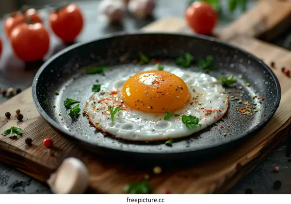 Fried egg with tomatoes and parsley in a frying pan