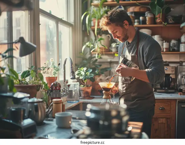 Man in an apron pouring coffee from a kettle into a carafe in a home kitchen