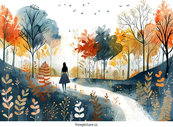 Autumn forest path with woman