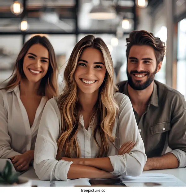 Three smiling business professionals posing for a photo
