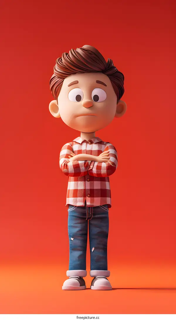 Cartoon Boy Character With Arms Crossed, 3D Render