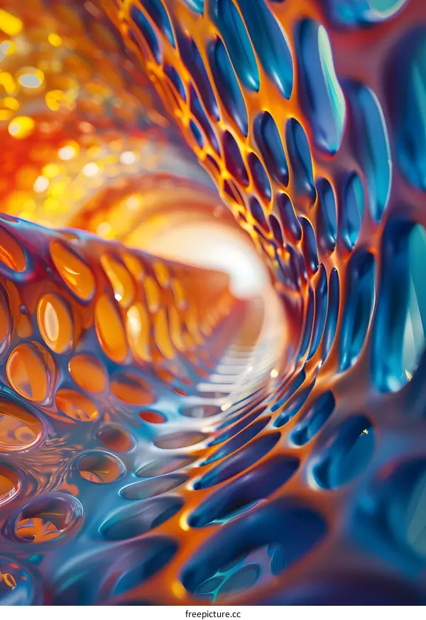 Blue and orange abstract 3D rendering illustration of a tunnel