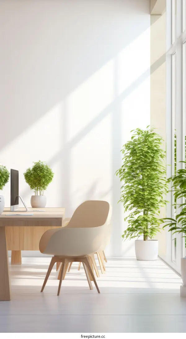 Modern bright office interior with large windows and green plants