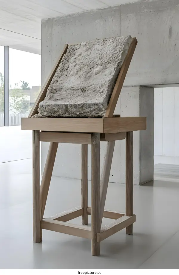A Piece of Stone on a Wooden Stand in a Modern Minimalist Space