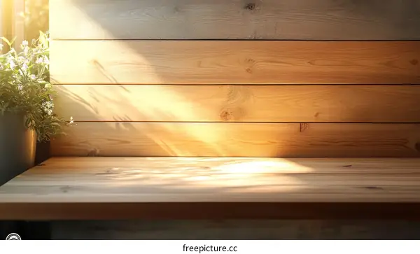 Wooden Tabletop Scene with Sunlight and Plants