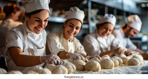 Smiling multiethnic bakers kneading dough in commercial kitchen
