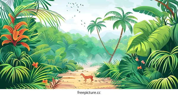 Tropical Rainforest Landscape with Palm Trees and Lush Greenery