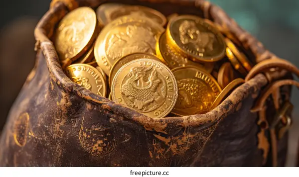A leather pouch filled with gold coins