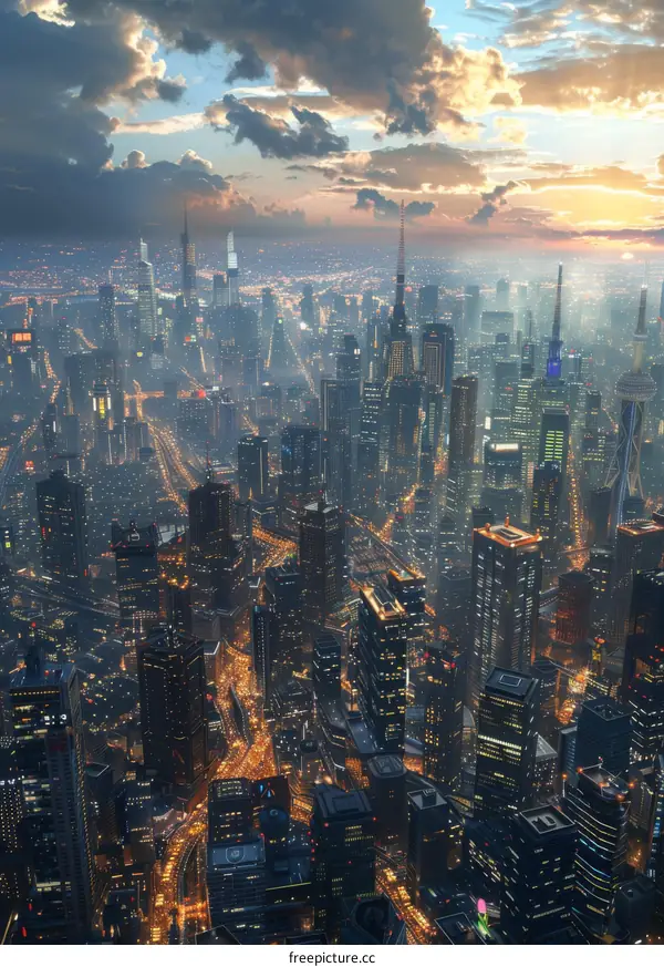 Aerial View of Futuristic Cityscape at Dusk