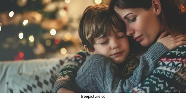 A mother and her son are sitting on a couch and hugging each other.
