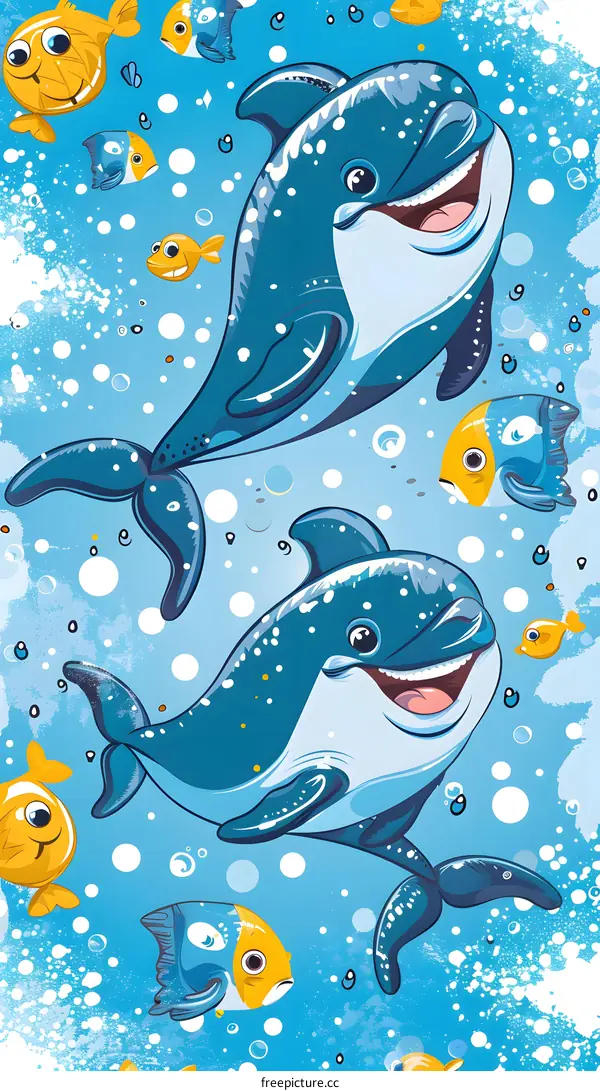 Cartoon Illustration Of Two Dolphins And Fish Swimming Underwater