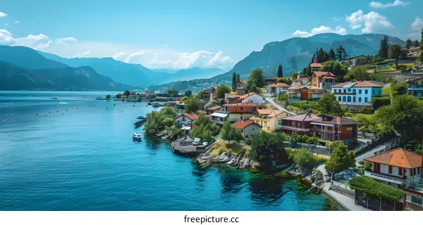 Beautiful View of a Lakeside Village Surrounded by Mountains