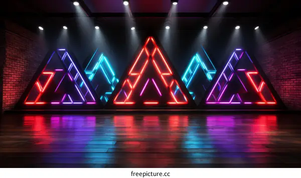 Retro Futurism Backdrop with Glowing Neon Laser Triangles