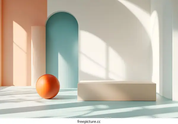 Abstract Minimalist 3D Render With Beige Platform and Orange Sphere