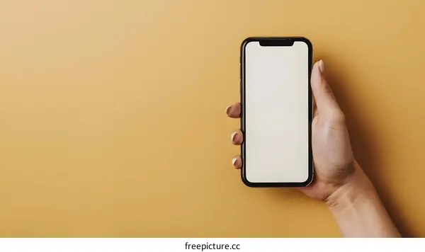 Hand Holding Smartphone with Blank Screen on Yellow Background