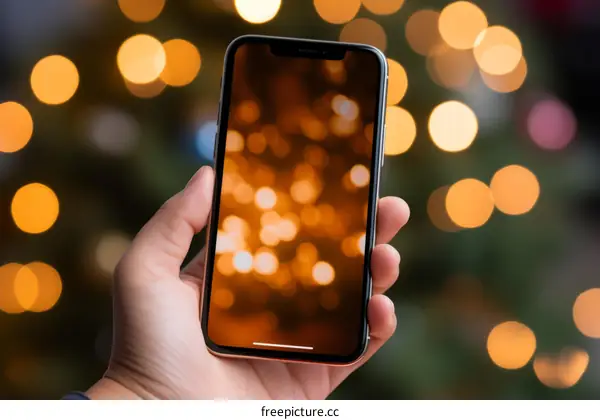 Hand holding a smartphone with a blurry background of Christmas lights