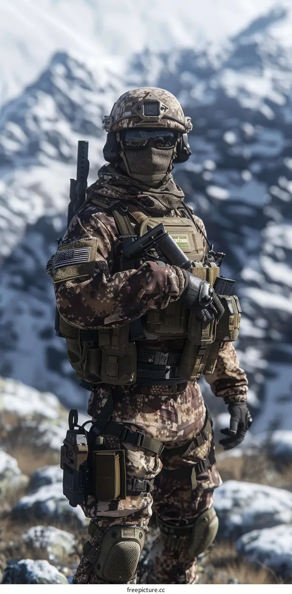 Soldier in the mountains in full gear