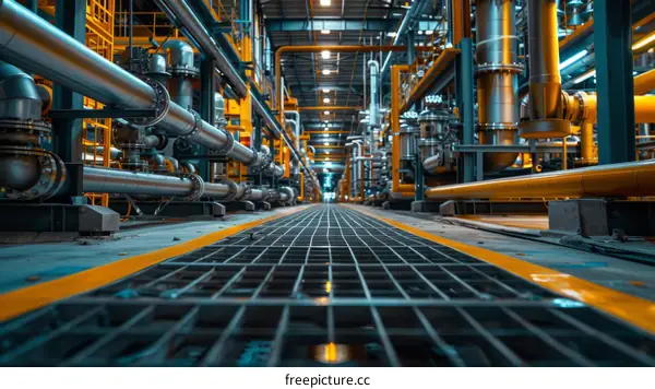 The innards of a factory with yellow pipes and catwalks