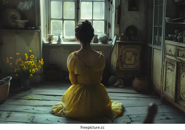 girl in yellow dress sitting on the floor with sunflowers