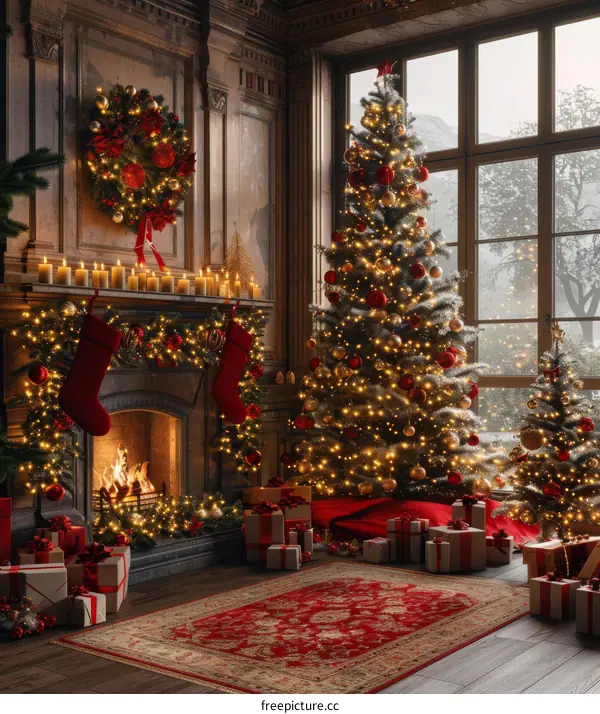 Cozy Christmas living room with a fireplace and a tree