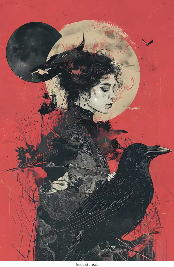 Woman with Crow and Moon in Red Background